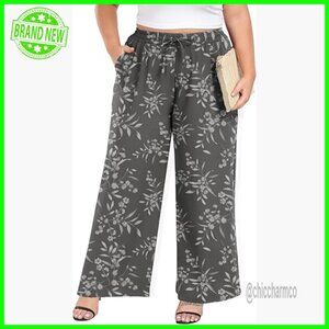 Plus Size Wide Leg Palazzo Pants High Waist Elastic Casual Trousers with Pockets
